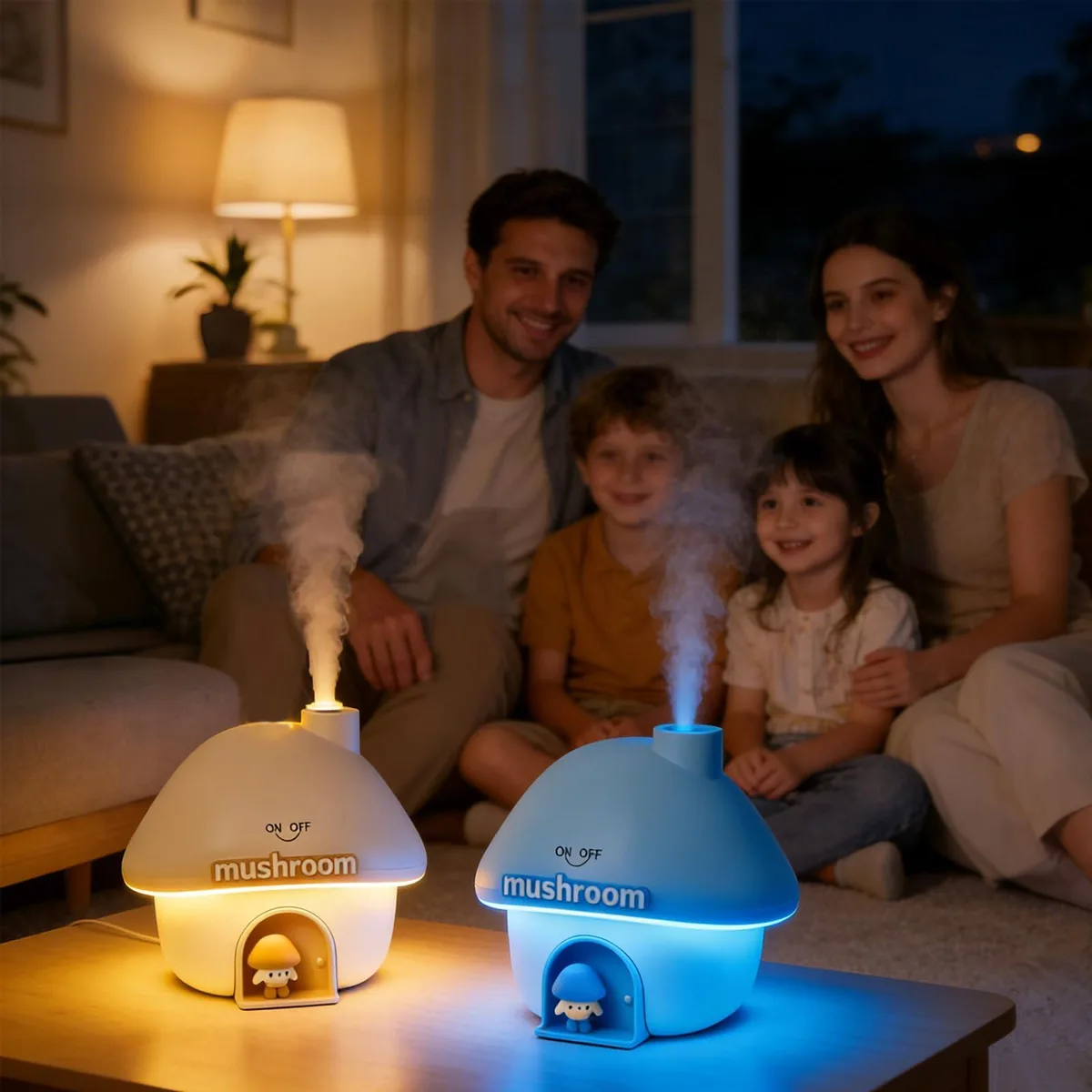 Pink mushroom house humidifier with gradient light and 300ml tank