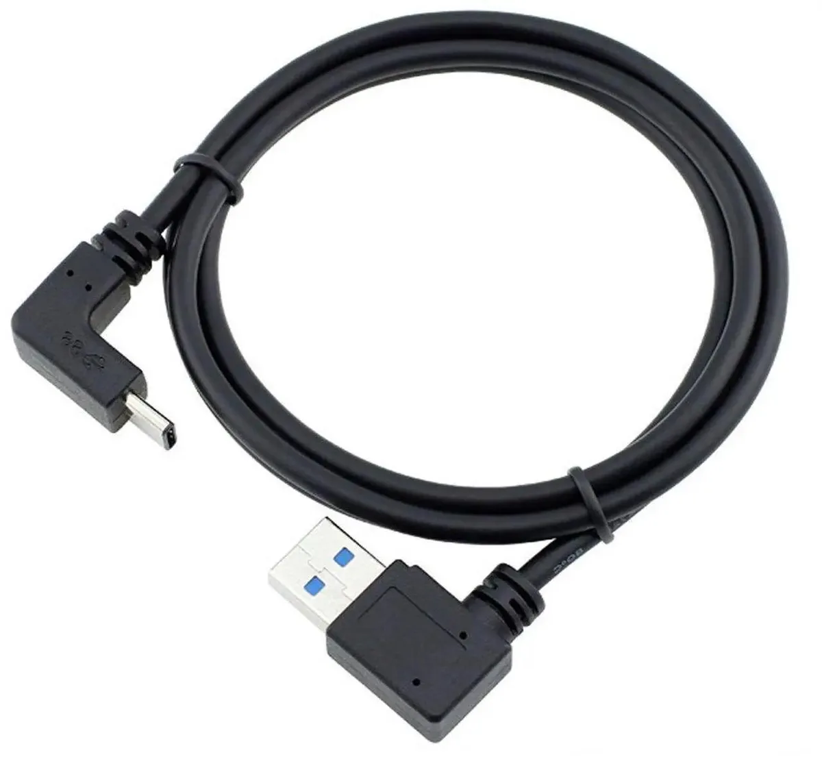 90-degree left-angled USB-C to USB 3.0 extension cable, compact angled connector, black finish