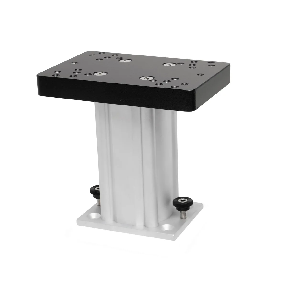Silver aluminium fixed-base pedestal mount, six-inch height, pre-drilled top plate