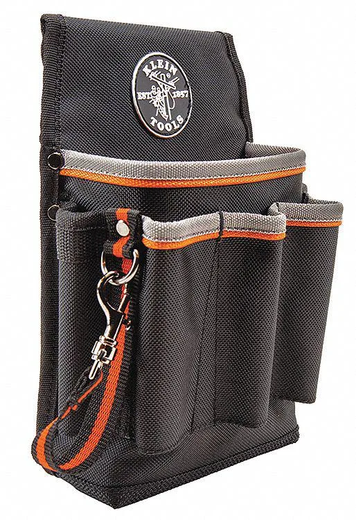 Black and orange ballistic polyester tool pouch with six open pockets