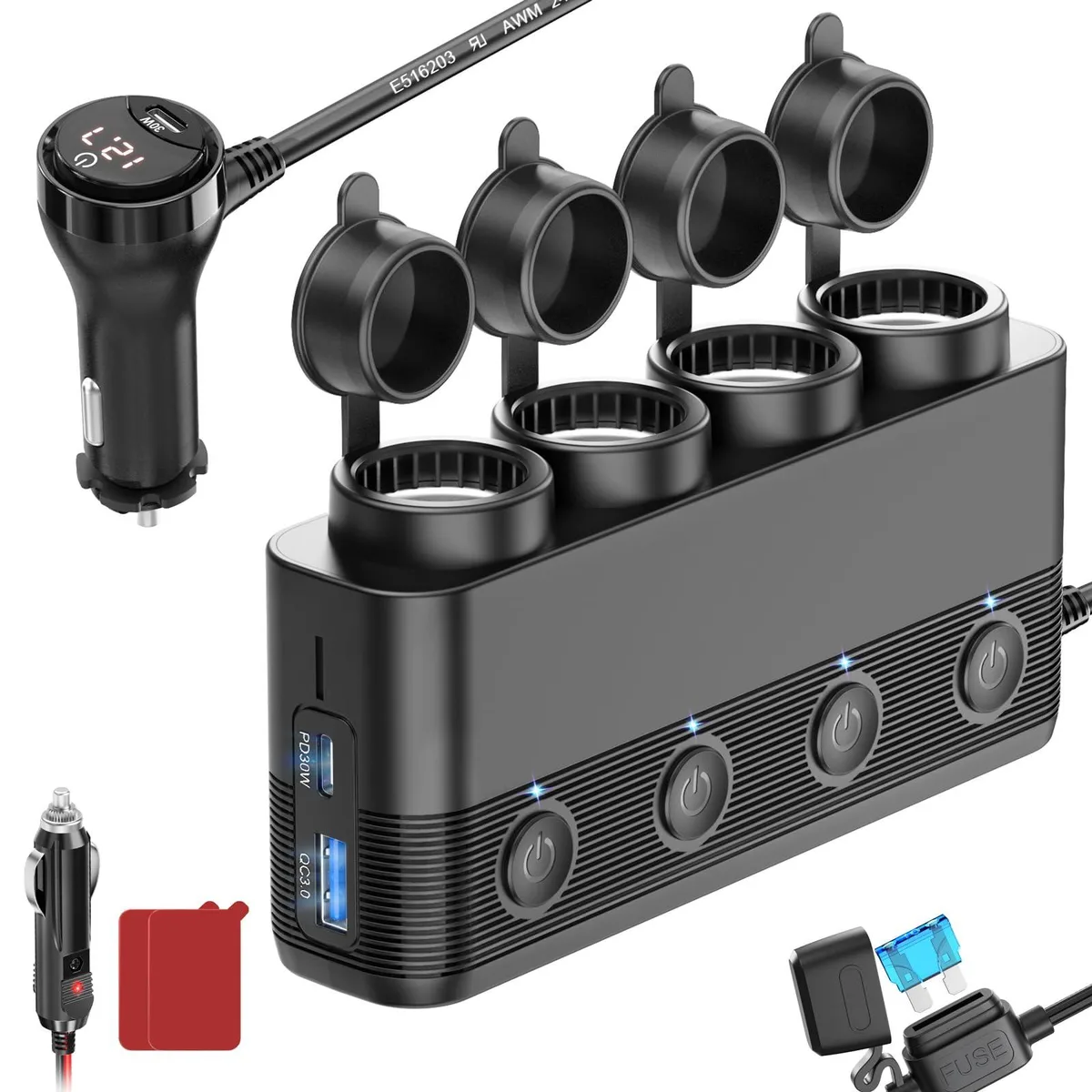 ZHAOBEIMAO 7-in-1 Car Charger 180W 12V 300W 24V Dual PD 30W QC3.0 18W 4 Socket Voltmeter — product photo