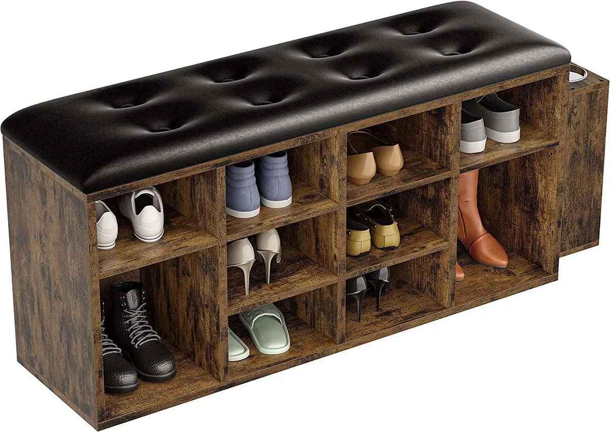 Vintage brown bedroom storage bench with ten cubbies and PU leather cushion