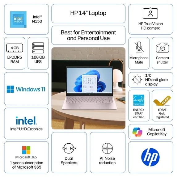 HP HP 14 inch HD Laptop Intel N150 4GB 128GB UFS Tranquil Pink — product photo