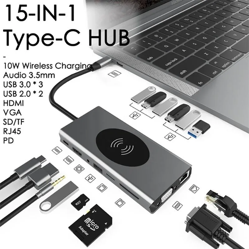 Jansicotek Jansicotek BXS15IN1 15-in-1 Aluminum USB-C Hub MacBook 87W PD 4K HDMI VGA 7 USB-A Silver — product photo