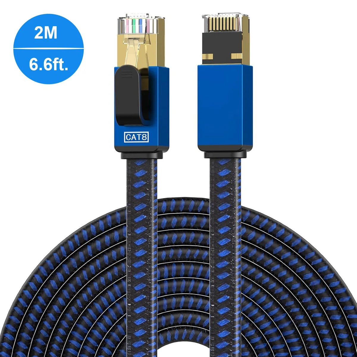 AUTYUE AUTYUE Cat 8 Ethernet Cable 6.6FT 2M Nylon Braided SSTP Shielded Flat LAN Cable Black & Blue — product photo