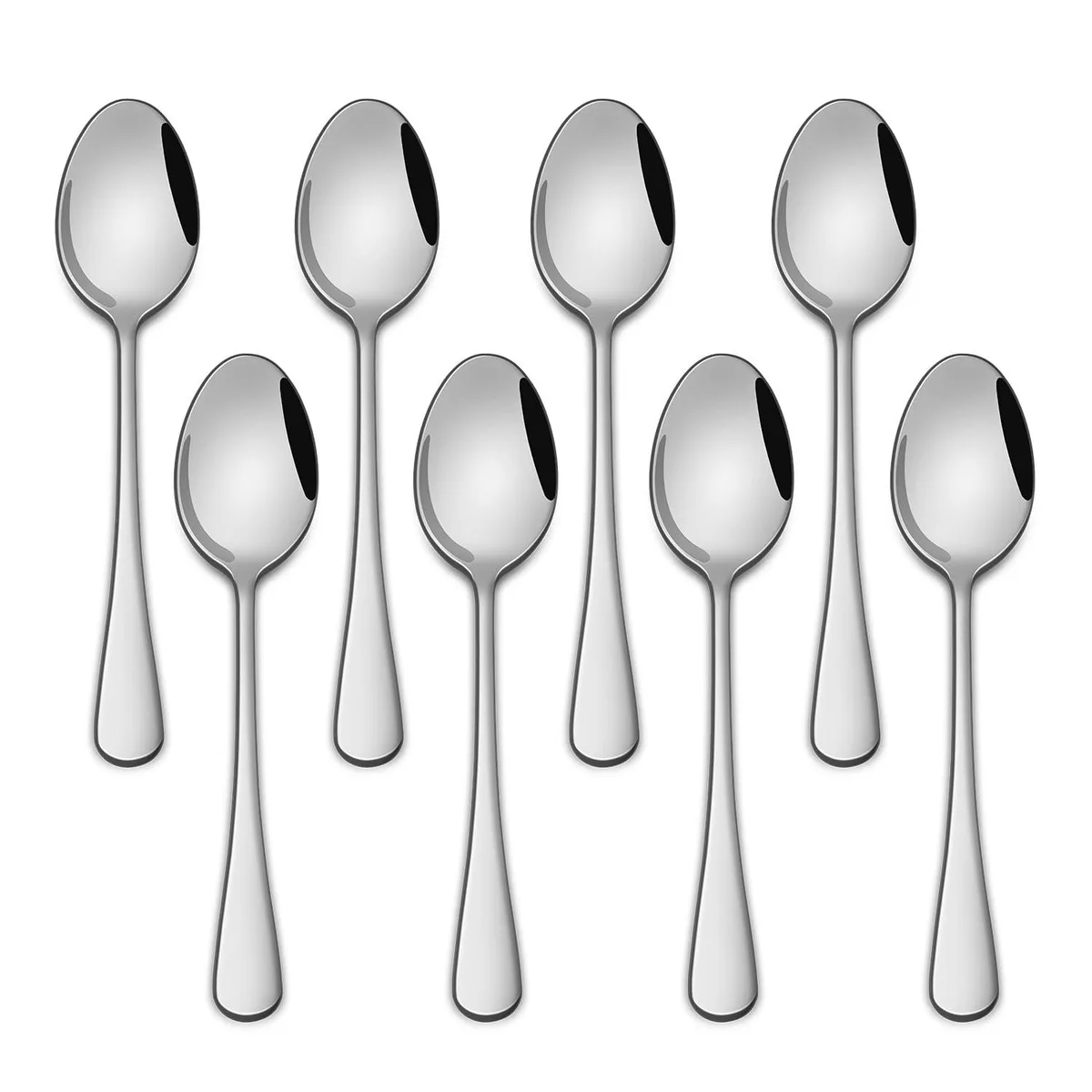 Eight 5.5-inch stainless steel coffee spoons, mirror-polished silver finish
