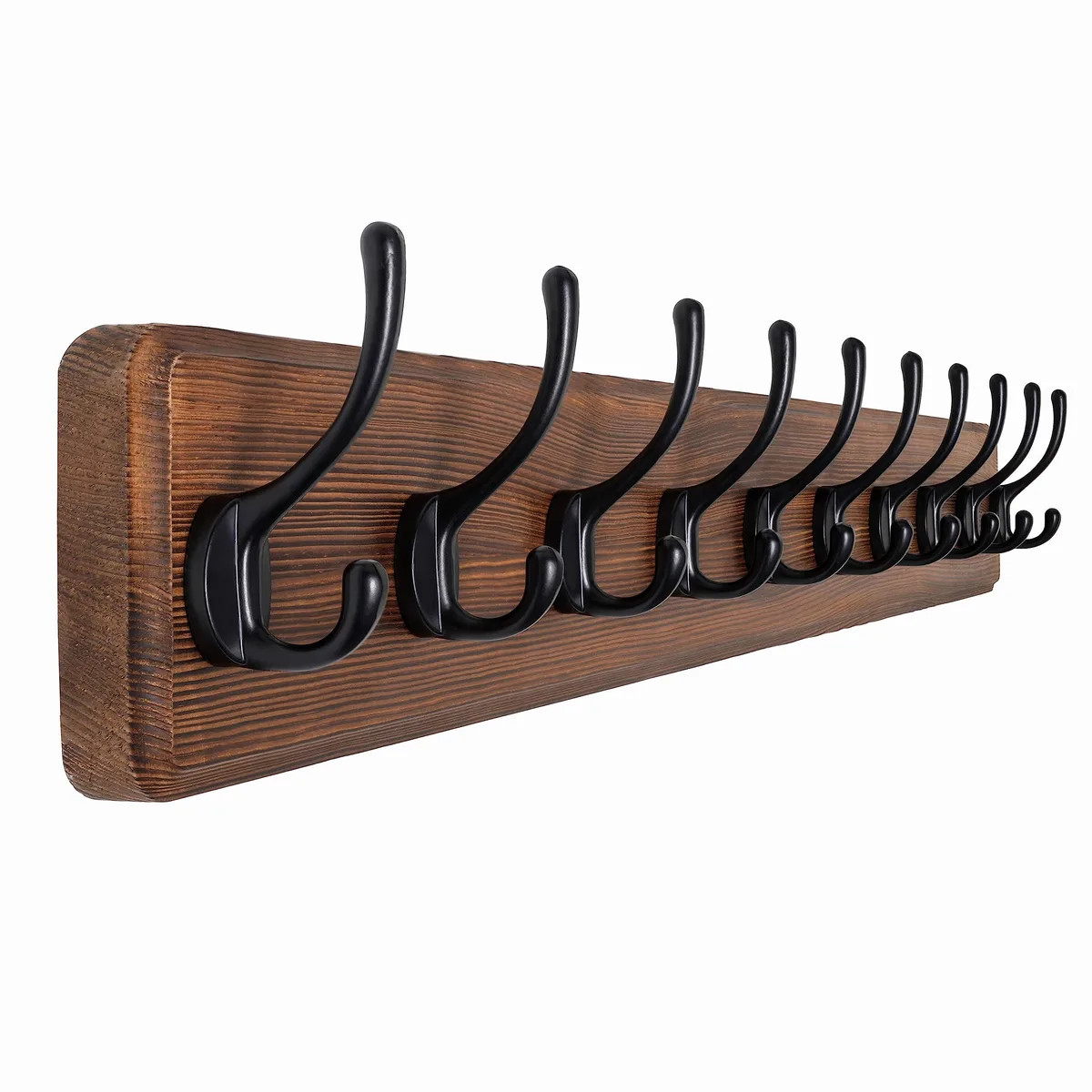 Long brown weathered pine board with ten black aluminum hooks across the front