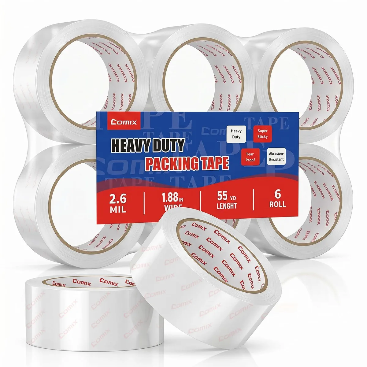 Heavy Duty Crystal Clear Packing Tape 1.89" x 54.6 Yd 2.6 Mil 6 Pack — product photo