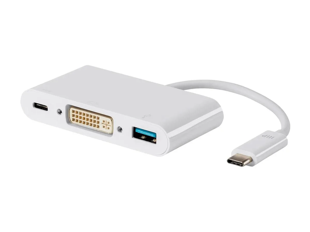 White USB-C multiport adapter with DVI, USB-A and USB-C power ports