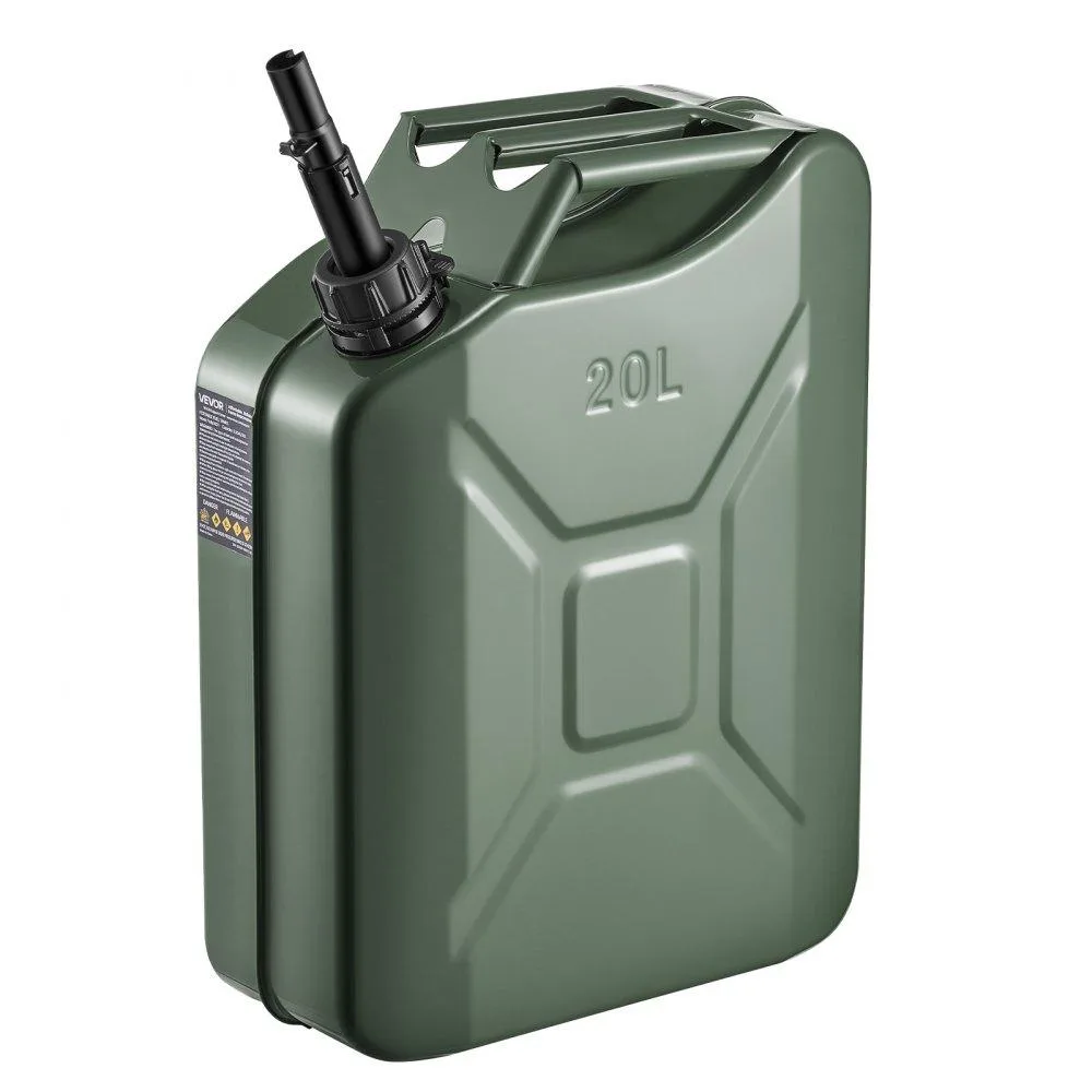 Green rectangular metal fuel can with spout and handle