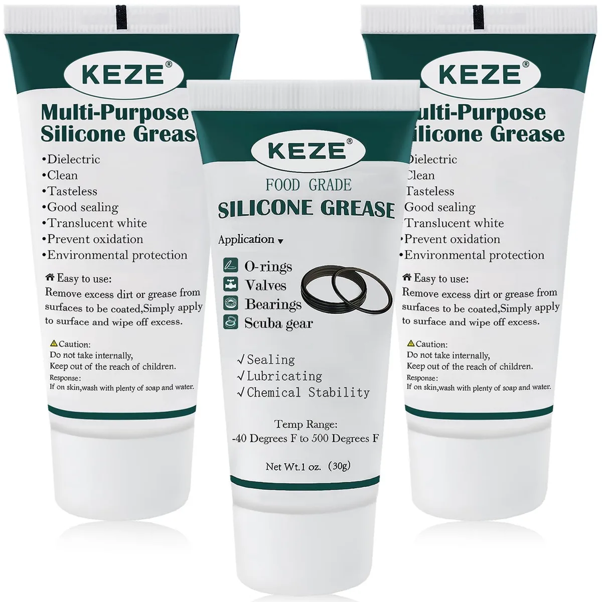 Three small white tubs of food-grade silicone grease