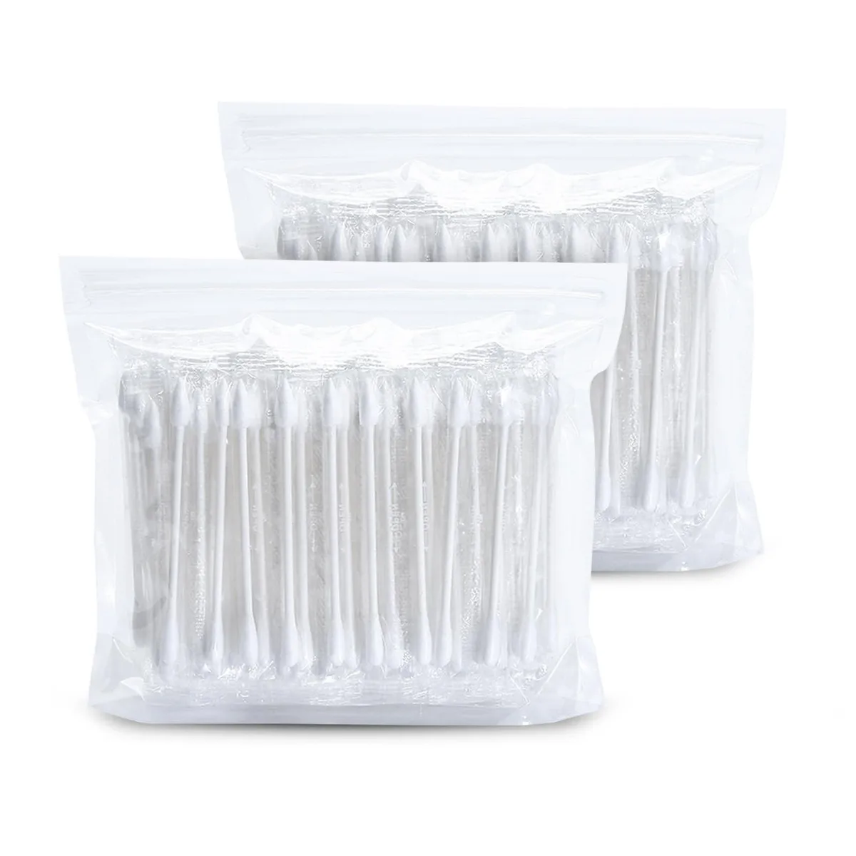 White rectangular box containing 200 individually wrapped cotton swabs with pointed tips