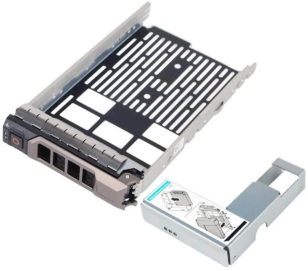 Silver 3.5 inch drive caddy with black 2.5 inch adapter and screws