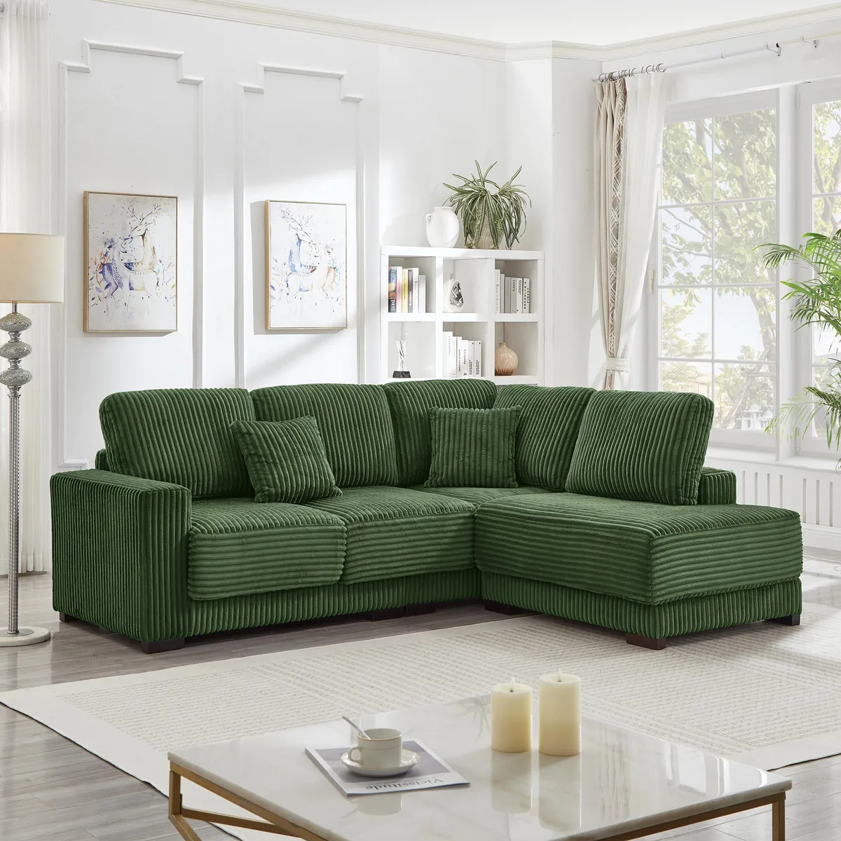 Green corduroy L-shaped sectional sofa with reversible chaise, 93 inches wide