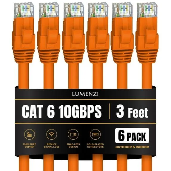 Lumenzi Lumenzi Cat 6 Ethernet Cable 3 FT Orange 6 Pack 10 Gbps 550 MHz — product photo
