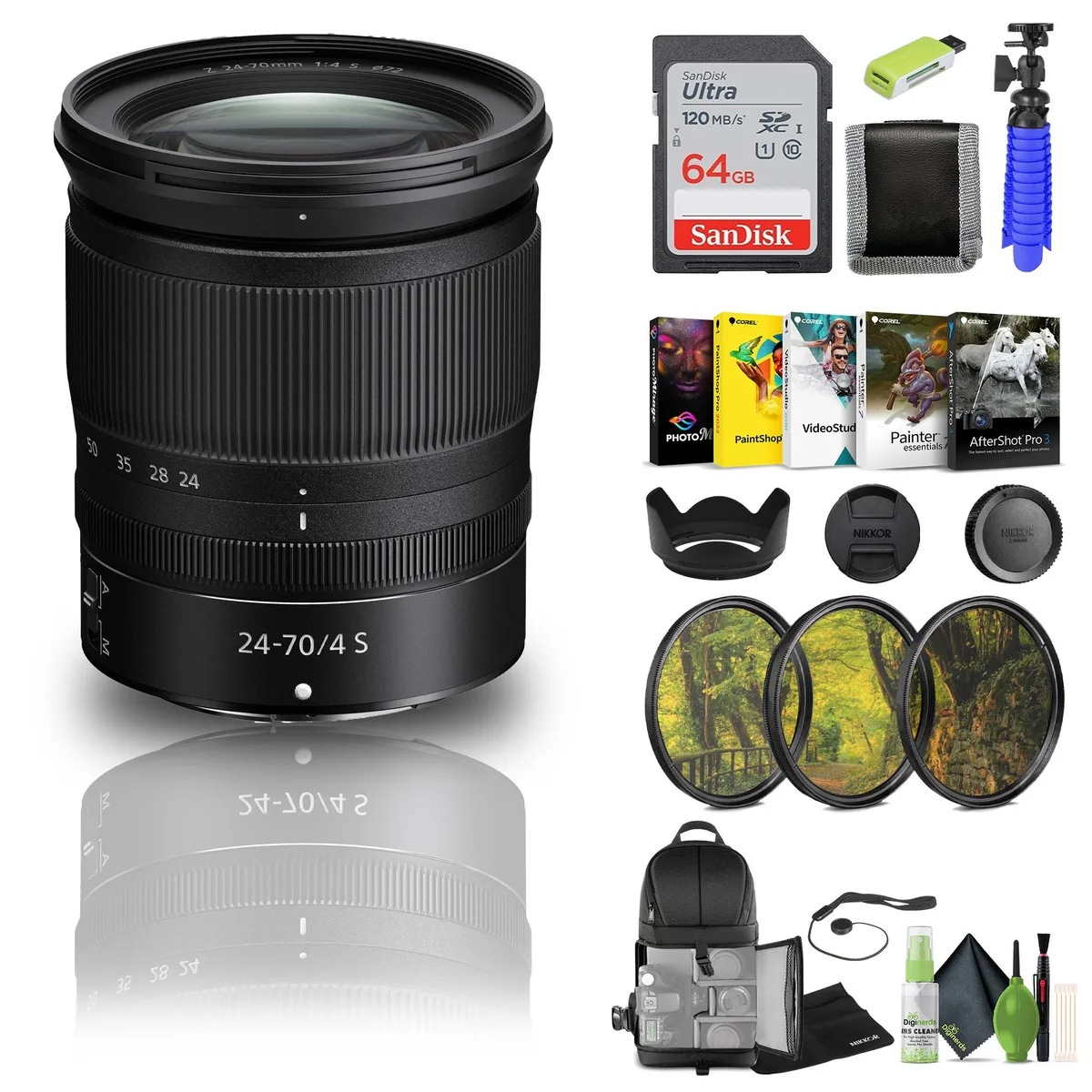 Nikon Inc Nikon NIKKOR Z 24-70mm f/4 S Lens (20072) + 64GB Card + Filter Kit + Backpack Bundle — product photo