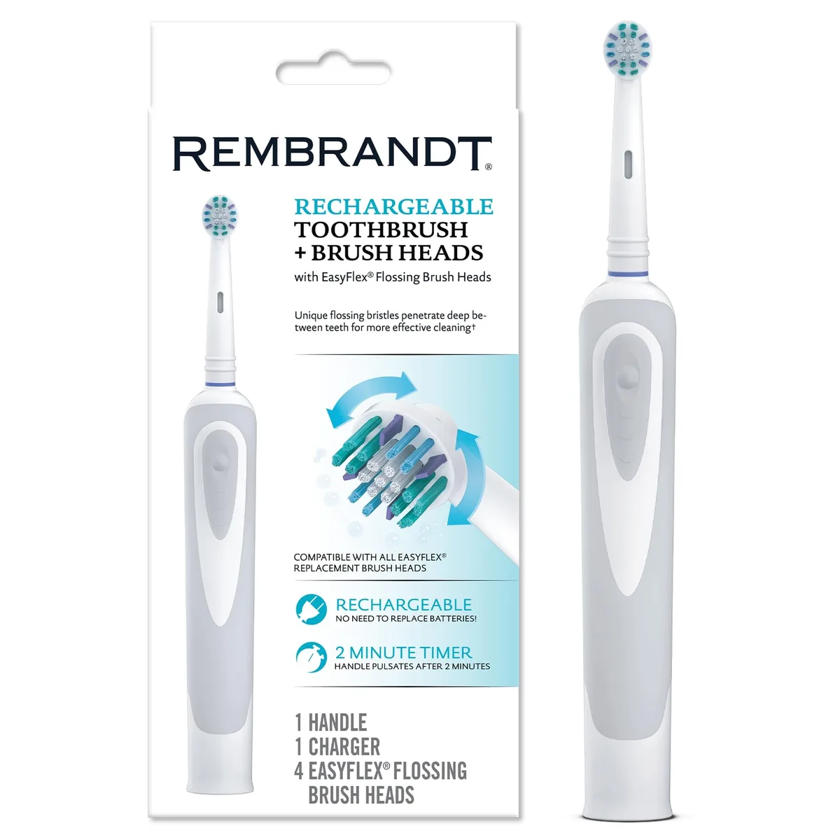 White rechargeable toothbrush handle with charger base and four multi-coloured flossing brush heads