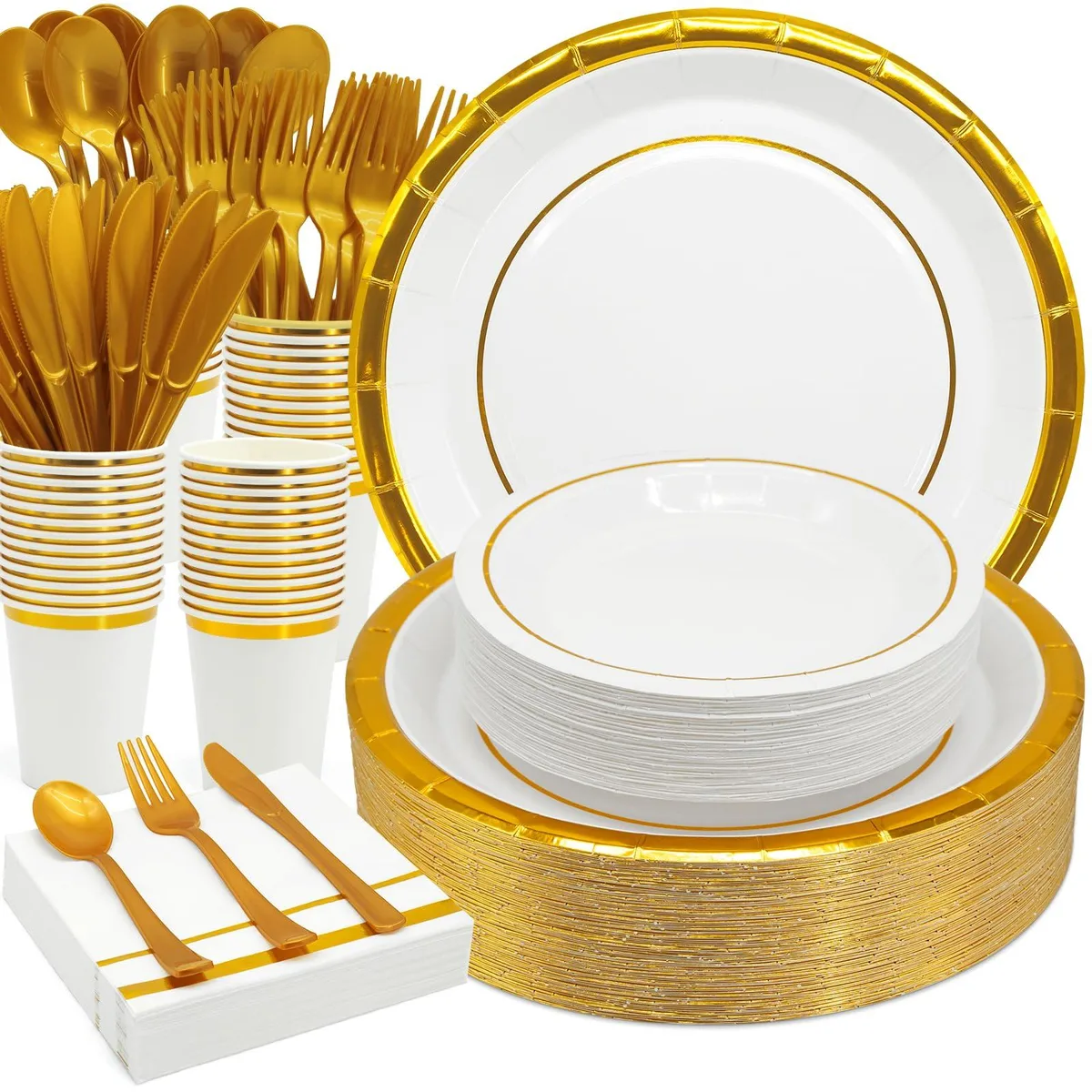  AIRE Gold White Paper Plates Set 350PCS Serves 50 — product photo