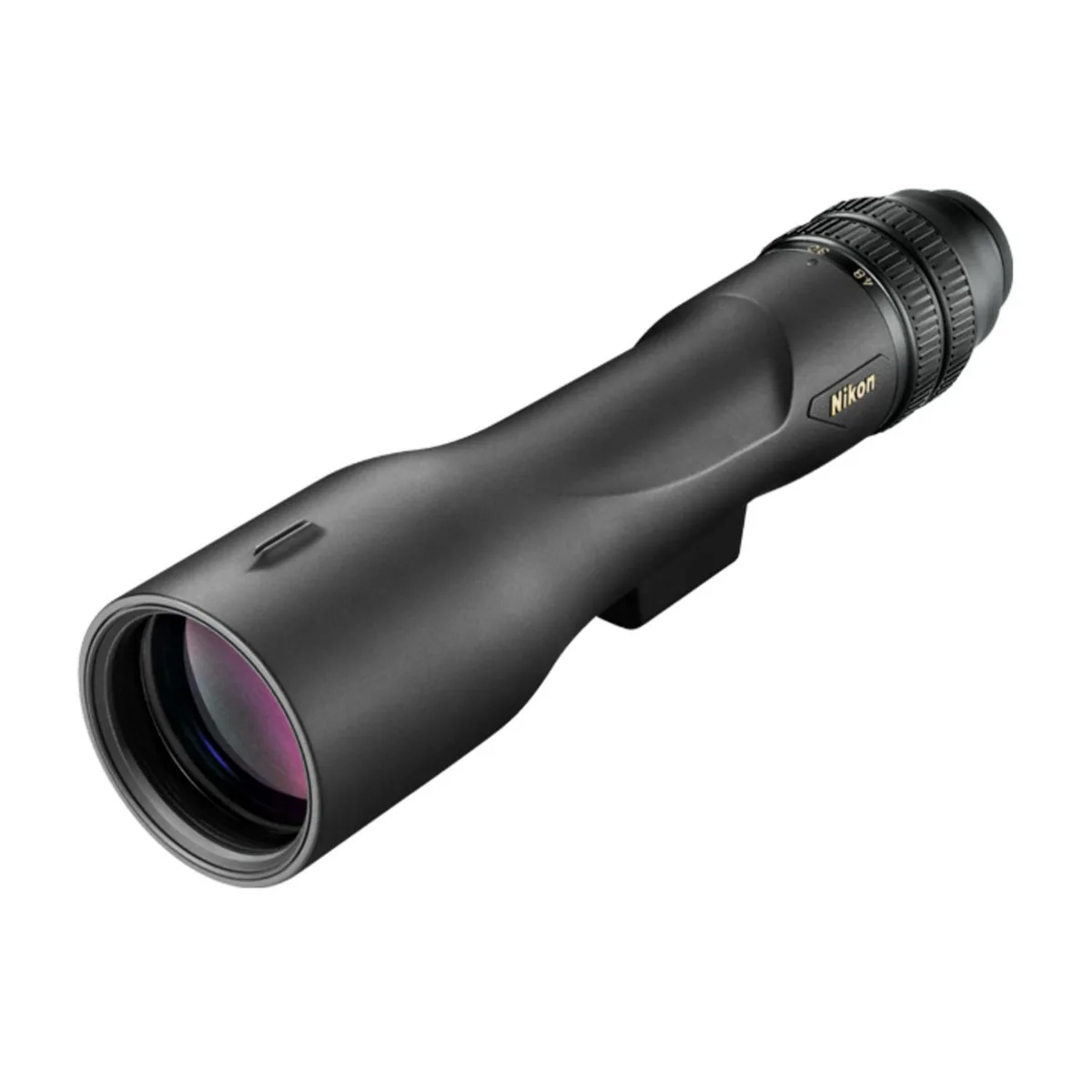 Straight black spotting scope with angled eyepiece, compact tripod and soft carry case