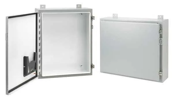 Gray powder-coated carbon steel wall-mount enclosure with hinged solid cover and screw-down clamps