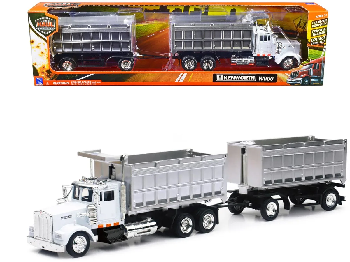 New Ray Toys New Ray Toys Kenworth W900 Dump Truck Twin Body White Chrome 1/43 Diecast — product photo