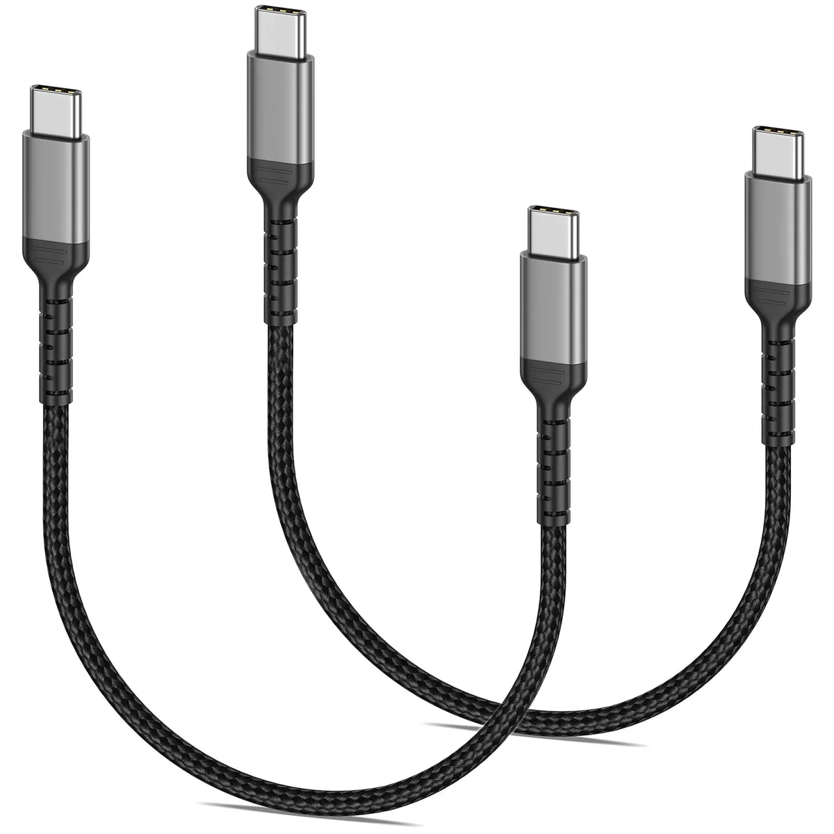 Two short black braided USB-C cables with aluminium ends
