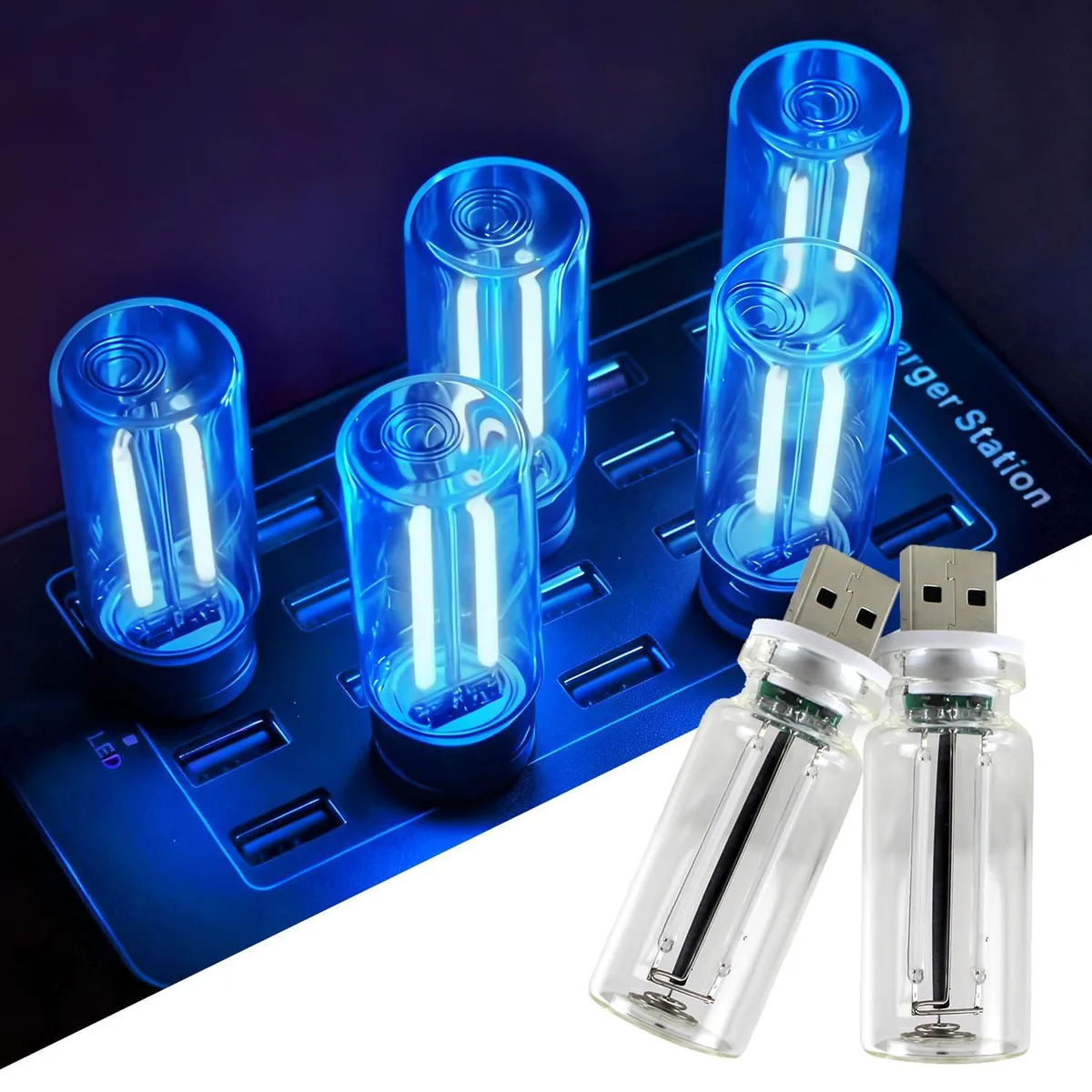  2 PCS USB Car Lights Touch Dimmable Glass Bottle Blue — product photo