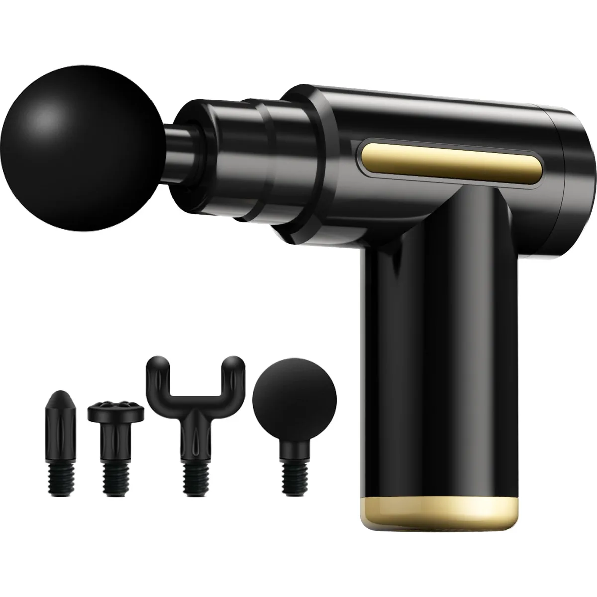 Black handheld massage gun with textured grip and interchangeable heads