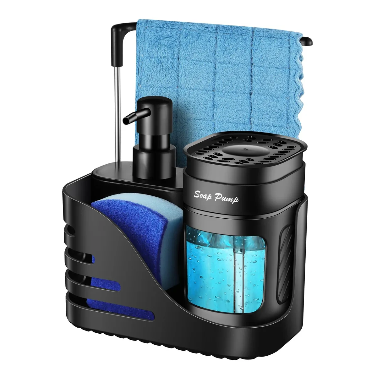 Black ABS 4-in-1 kitchen soap dispenser set with dual pumps, sponge tray and towel rack