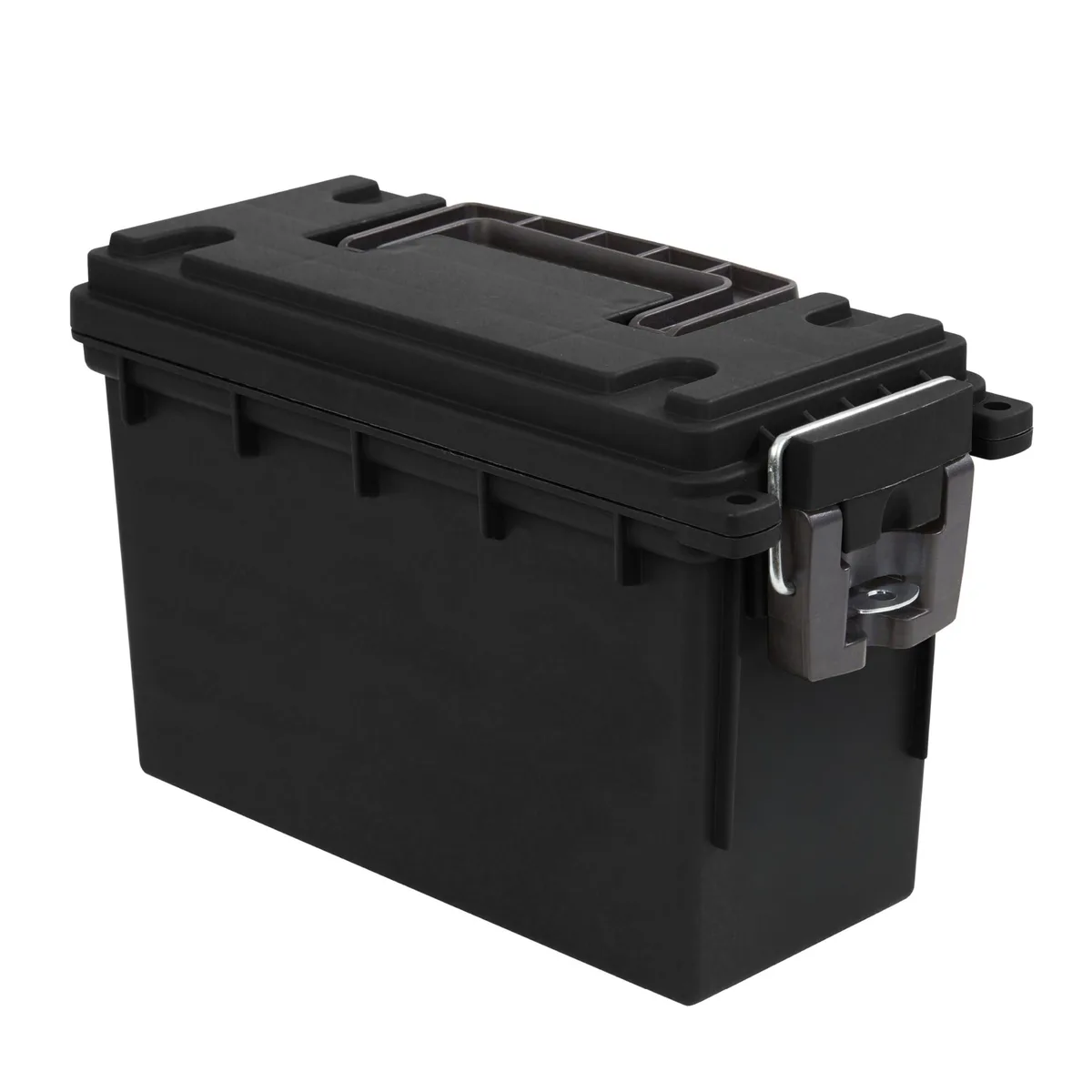 Black rectangular polypropylene storage box with hinged lid and carry handle, 12 pack