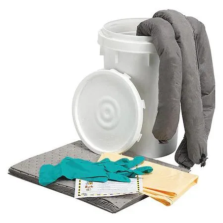 White 6 1/2 gal bucket spill kit with pads, socks, gloves, bags