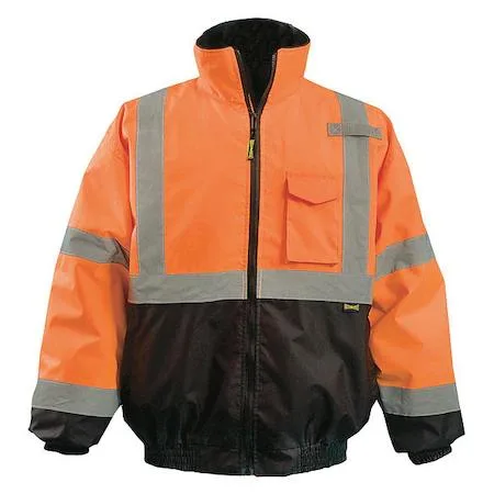 Orange bomber jacket with black bottom, zipper front, packable hood, three outer pockets
