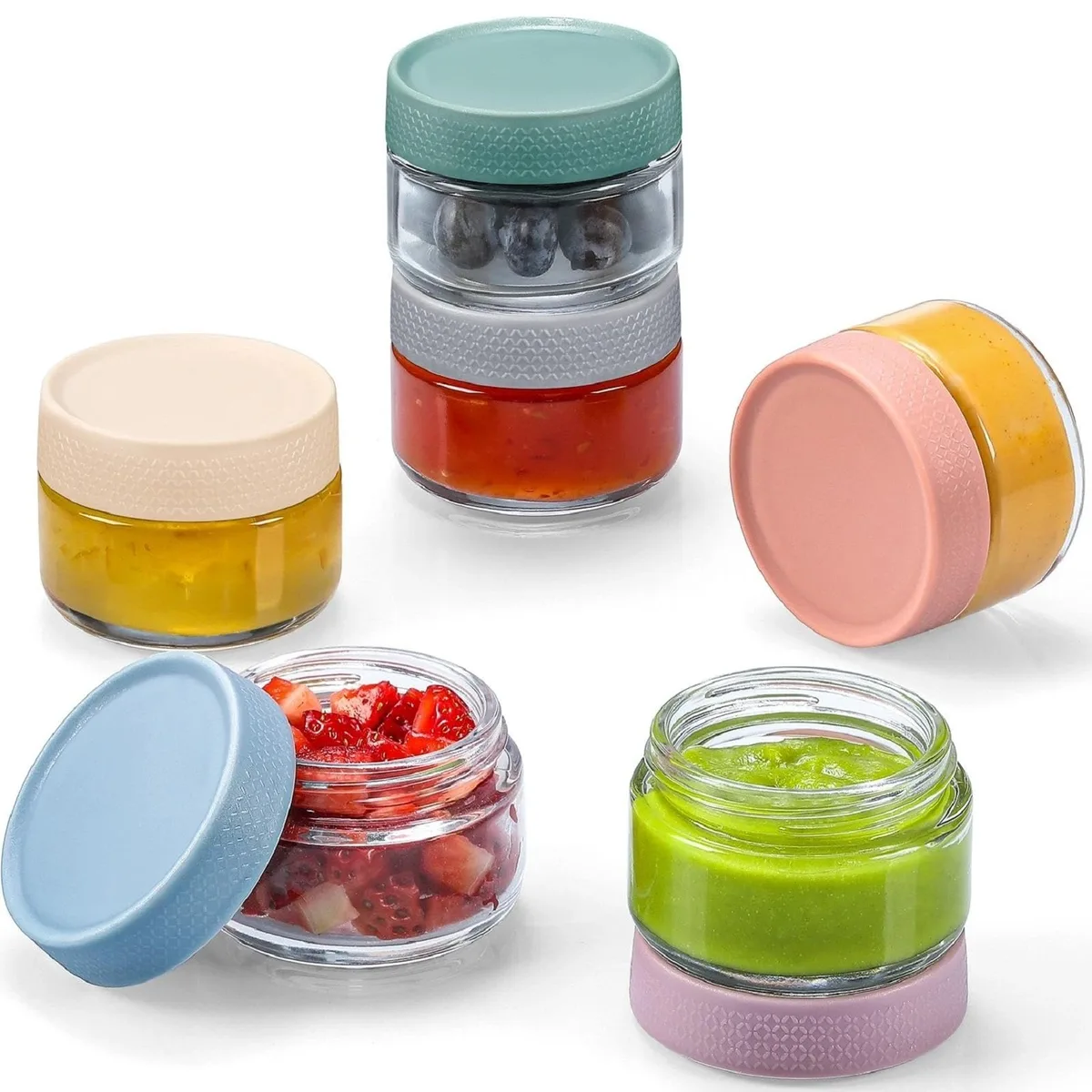 Six clear glass jars with colourful airtight lids
