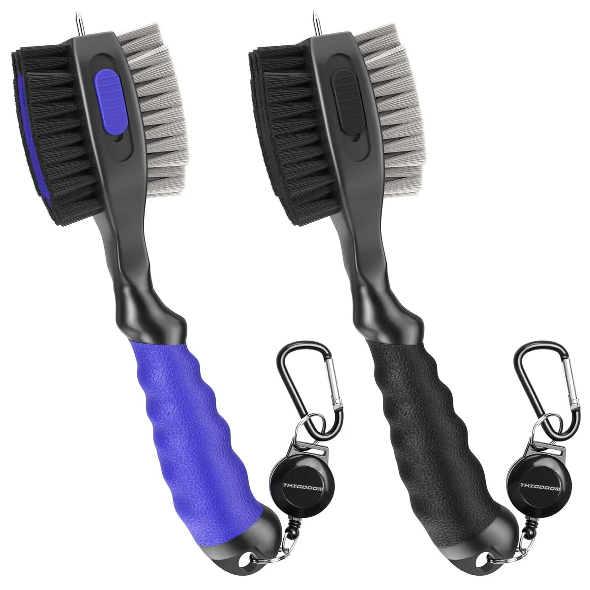 Two golf club brushes with retractable carabiners and oversized dual bristle heads
