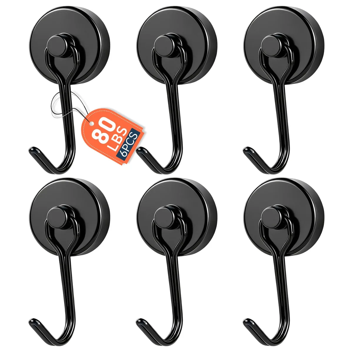 Ten silver magnetic hooks with swivel bases each 2.66 inches long and 0.98 inches wide