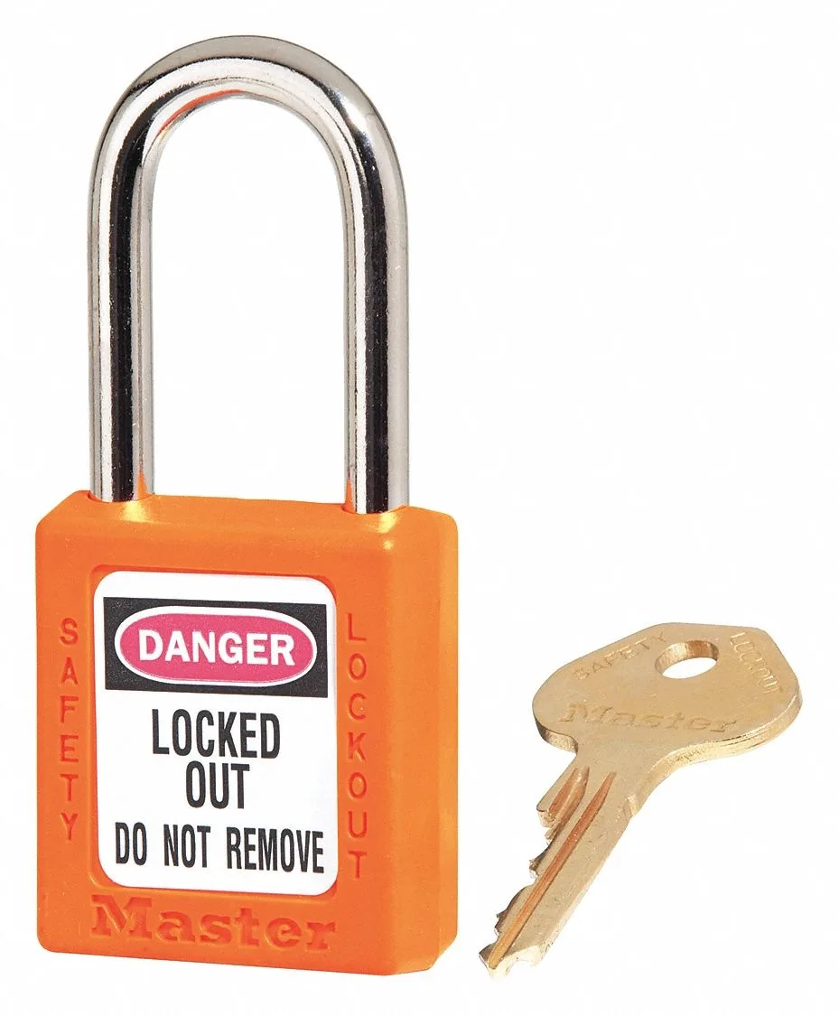 Orange thermoplastic padlock with metal shackle, keyed alike, 1-1/2 inch shackle clearance
