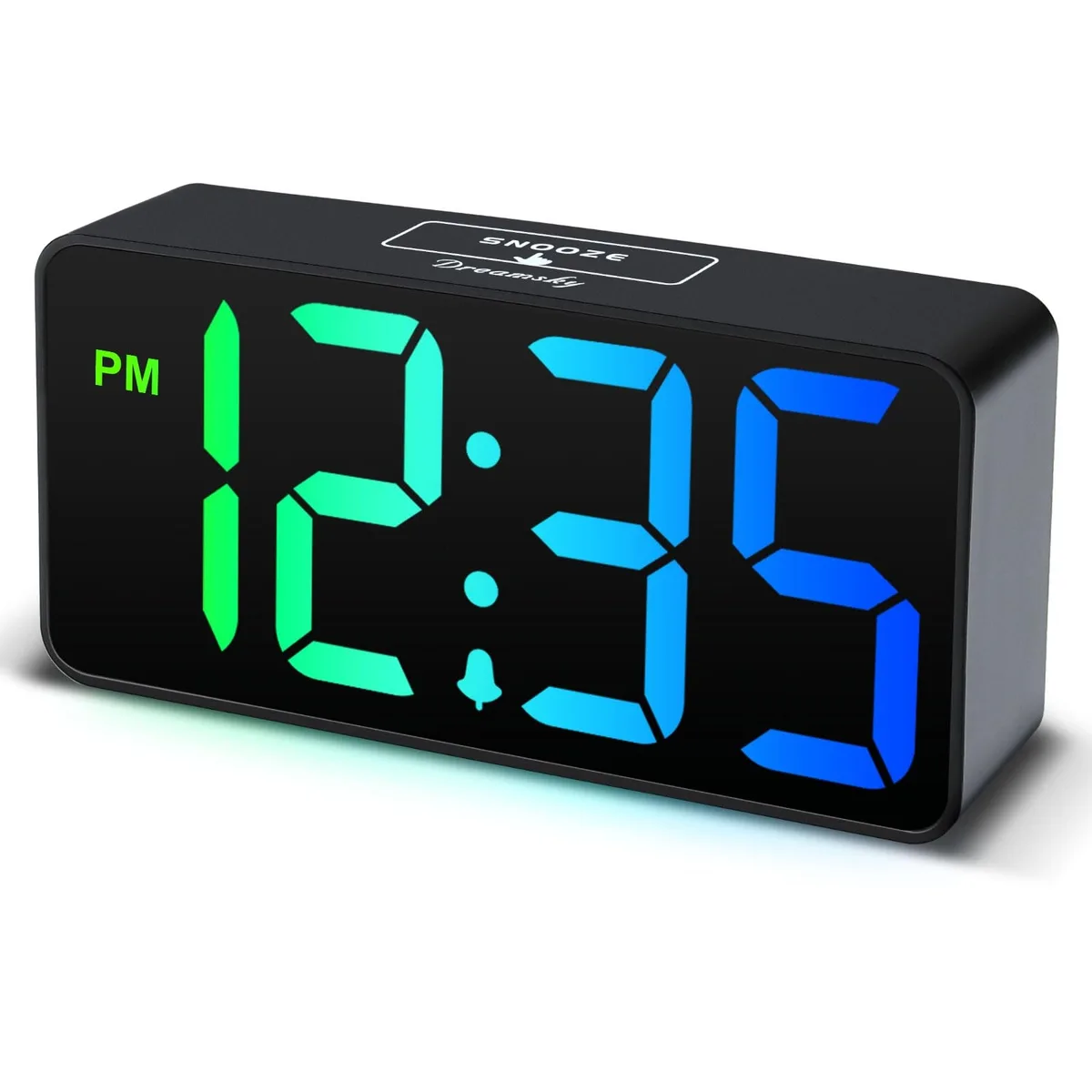 Small black digital clock with RGB digits, 5.3 inches wide