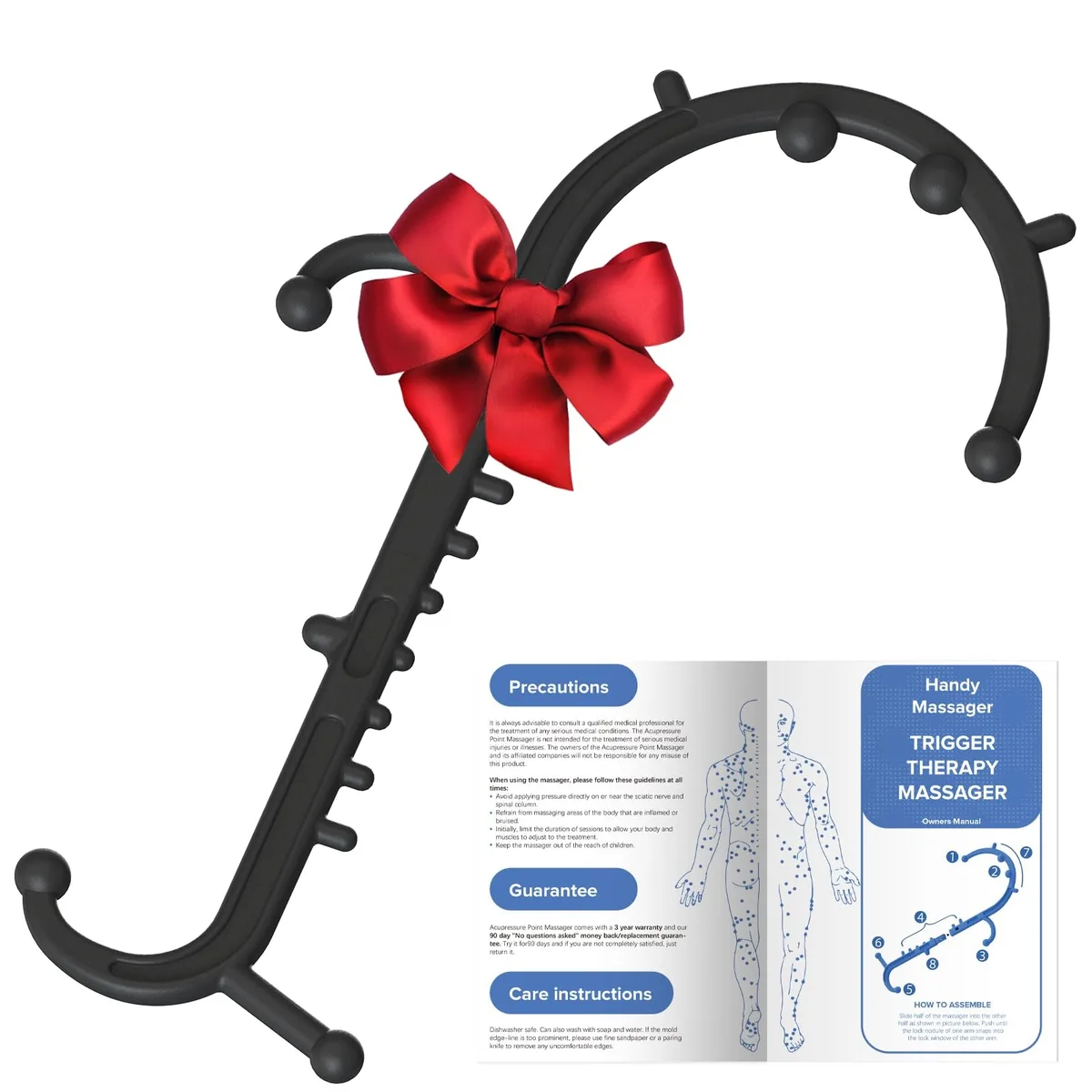 Black curved massage hook with multiple rounded nodes, lightweight plastic construction, portable manual design