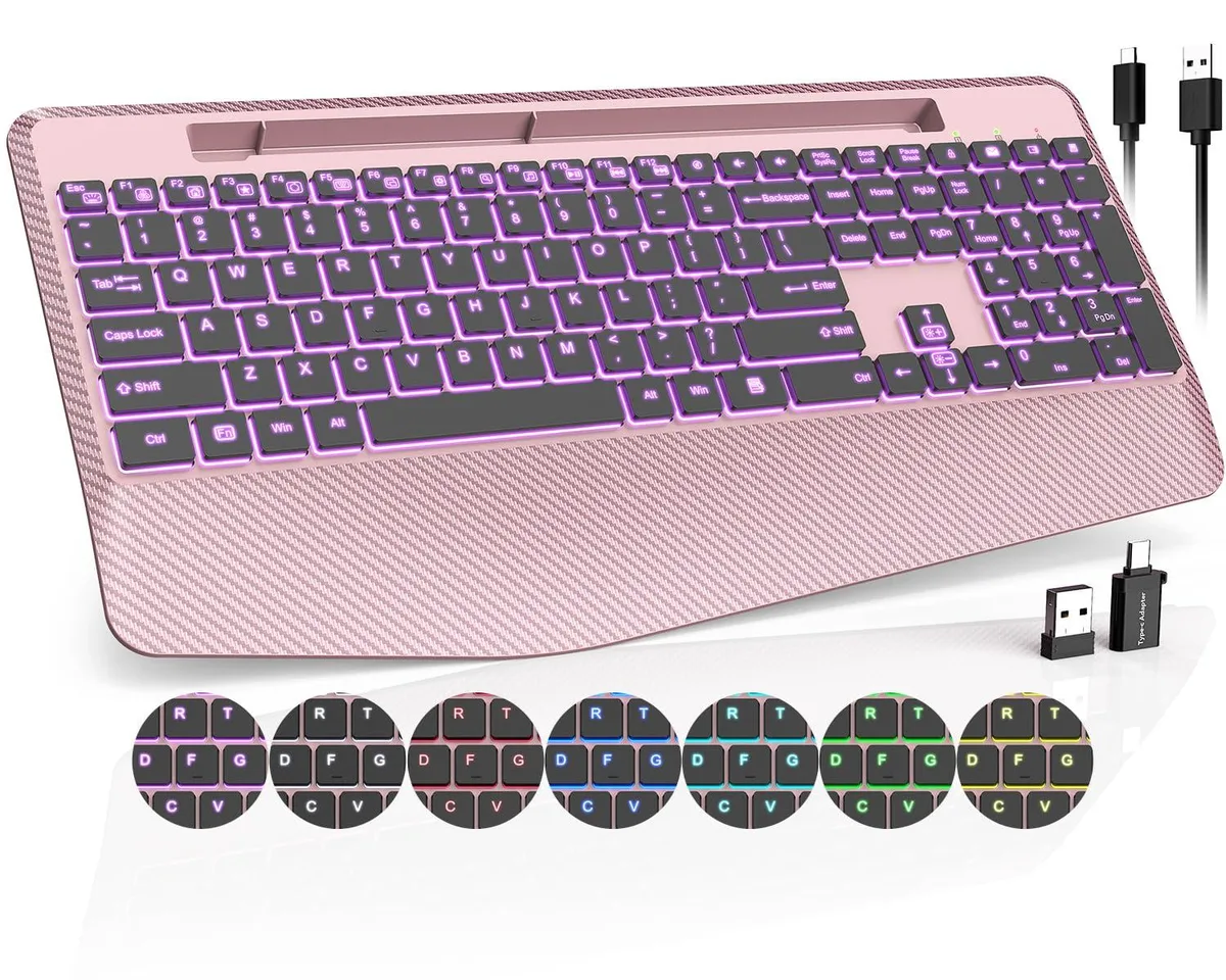  Trueque Wireless Gaming Keyboard Rose Gold Wrist Rest Phone Holder — product photo
