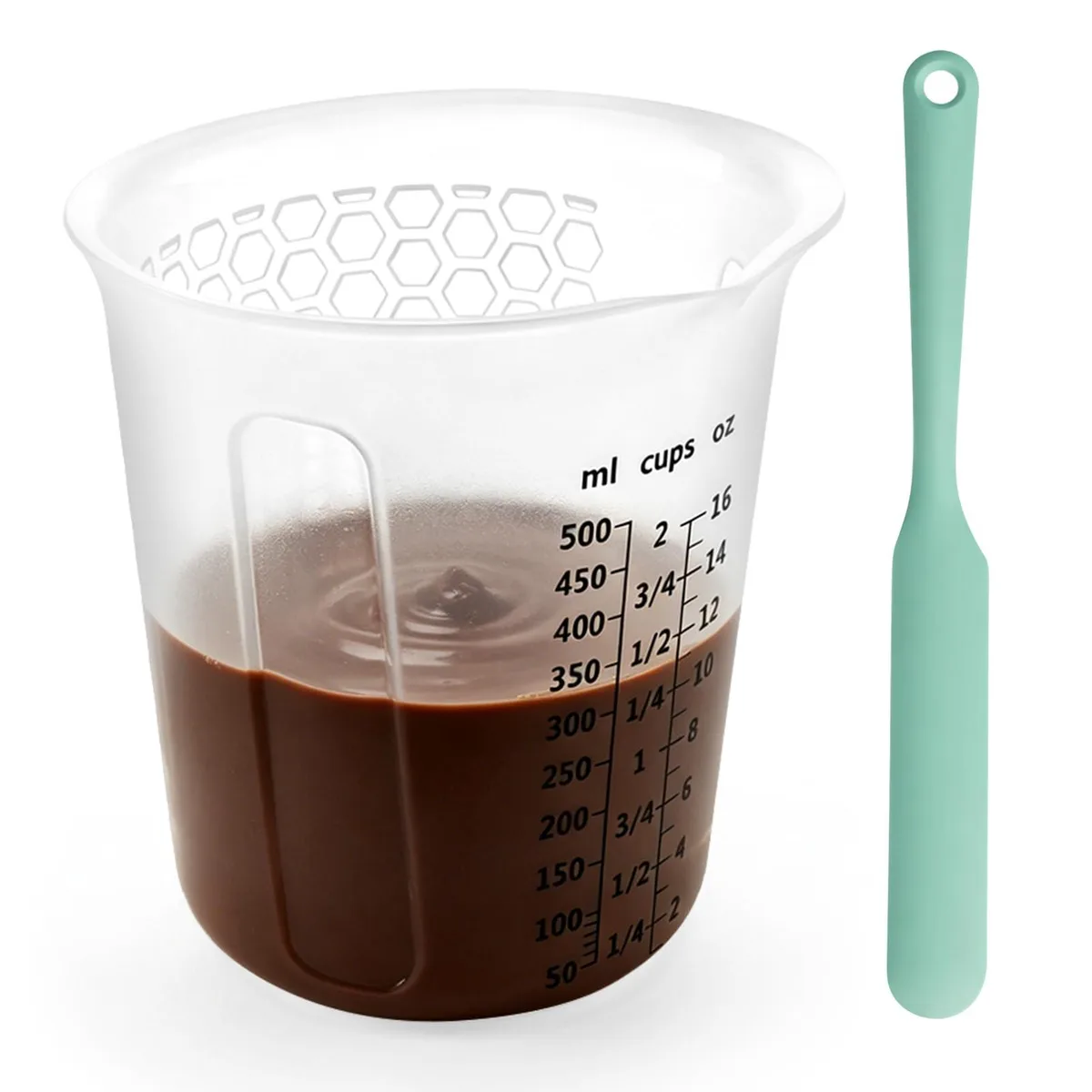 Clear flexible 500ml silicone cup with textured honeycomb grip and matching spatula