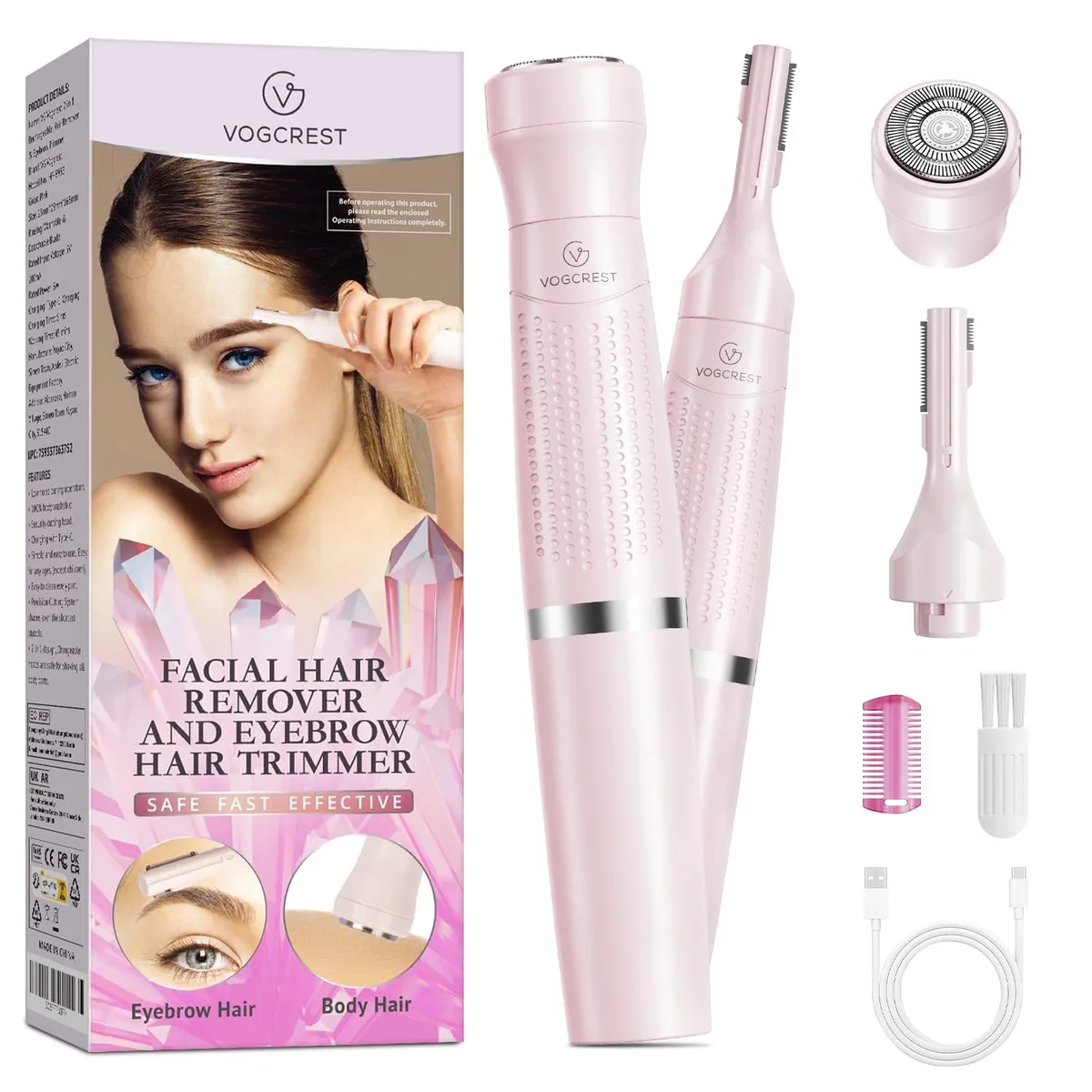 Pink foil shaver with interchangeable eyebrow trimmer head, USB-C charging