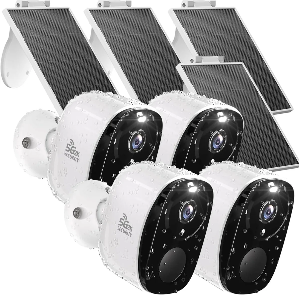 Four white outdoor cameras with solar panels mounted on a wall