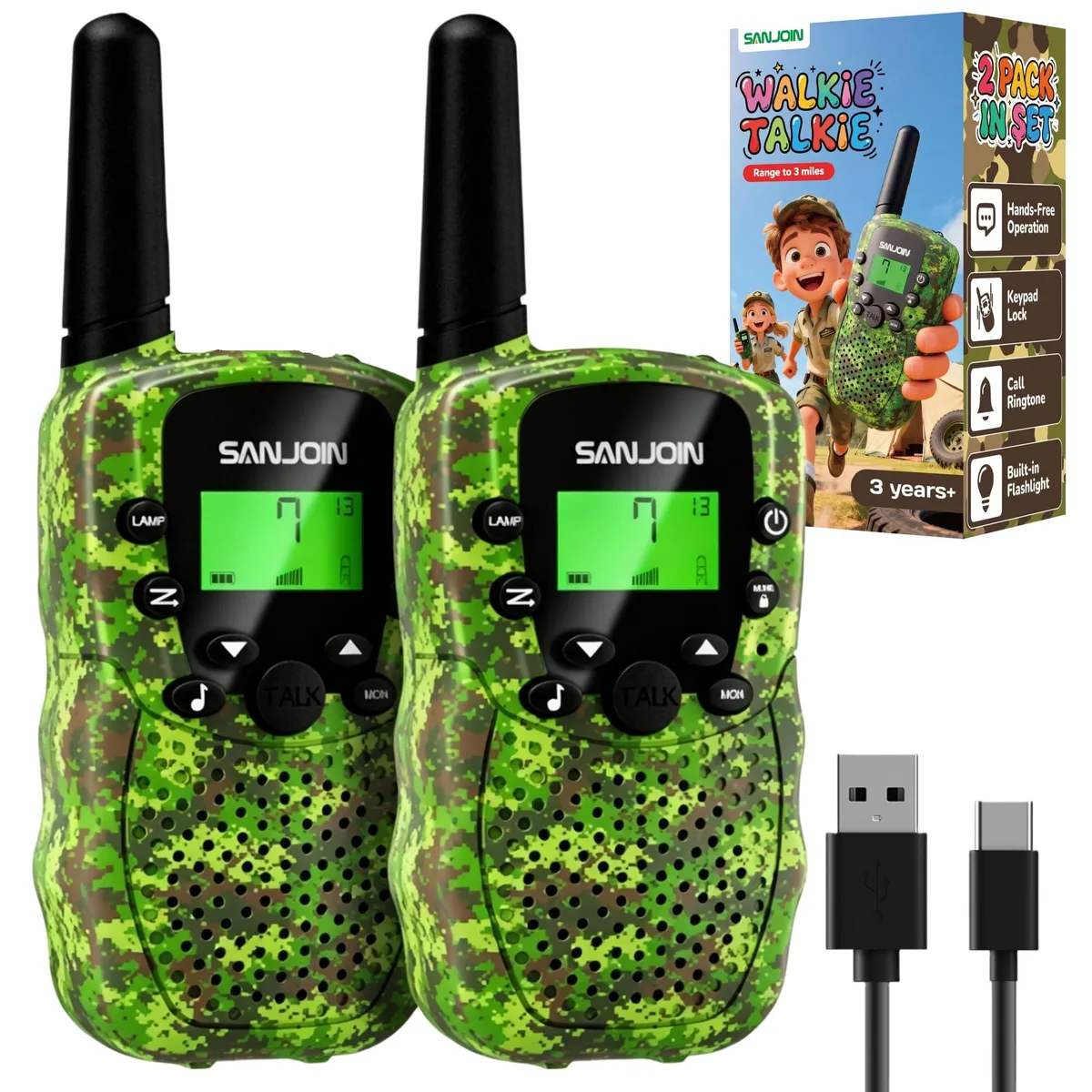  SANJOIN T-388 Walkie Talkie 2 Pack Camo Rechargeable 22 Channel — product photo