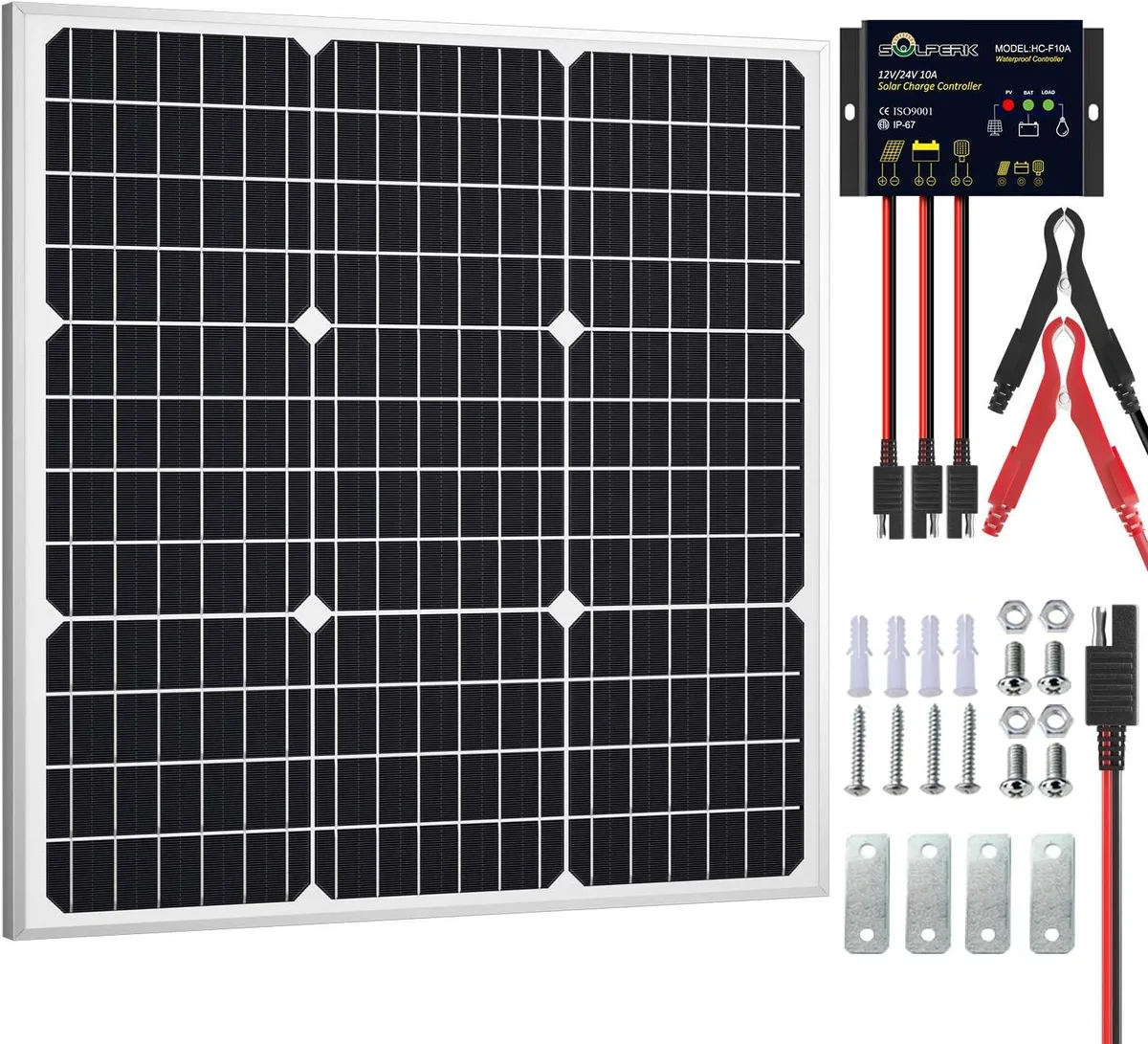 A 50W 12V monocrystalline solar panel with IP65 controller, alligator clips and SAE cable, no bracket