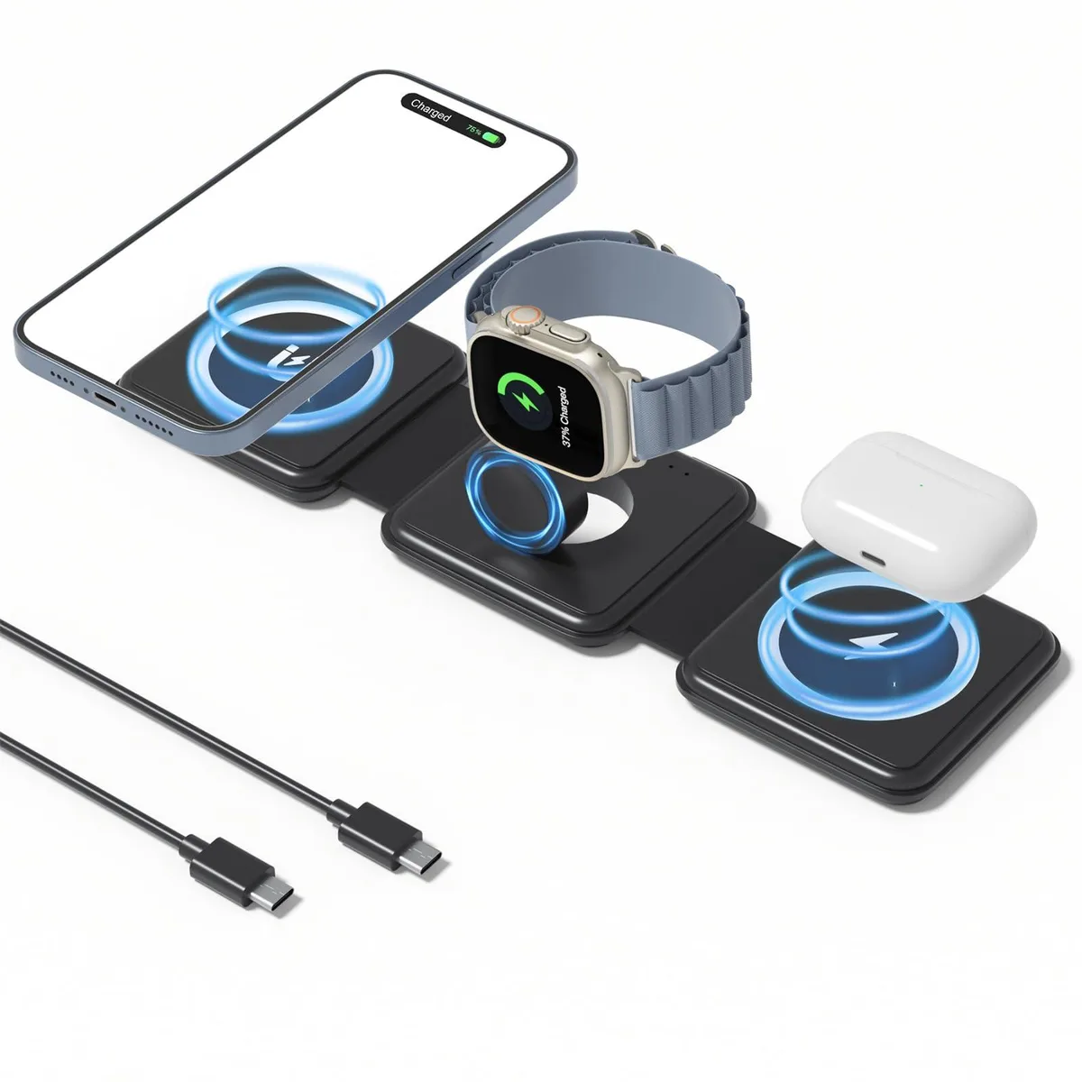 Black foldable 3-in-1 wireless charging dock for iPhone, Apple Watch and AirPods