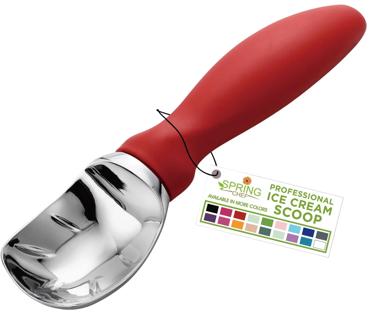 Red metal scoop with curved bowl and soft-grip handle