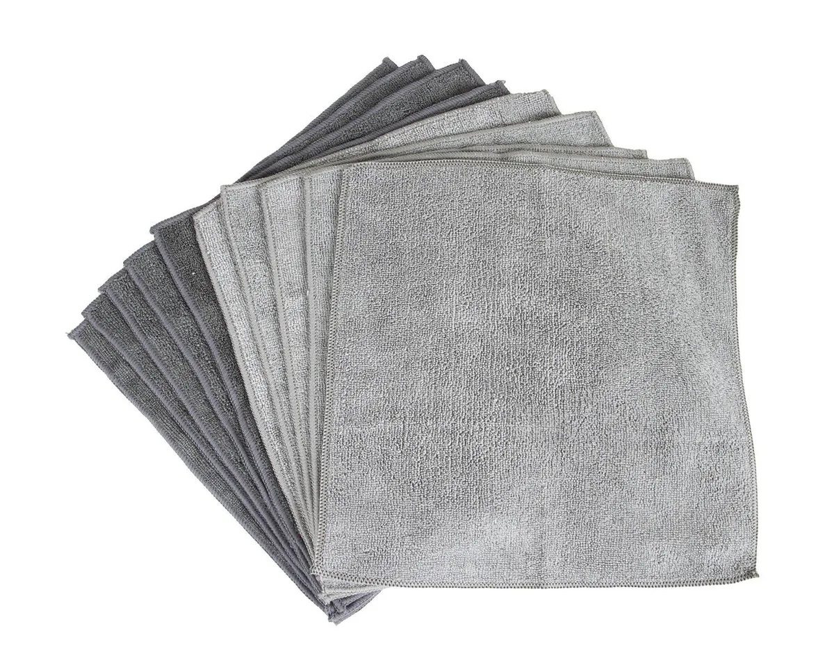 Stack of ten gray microfiber cloths, square, soft texture