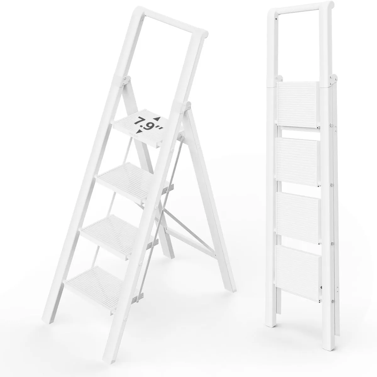 White four-step aluminium folding ladder with wide rungs, top handle and non-slip feet