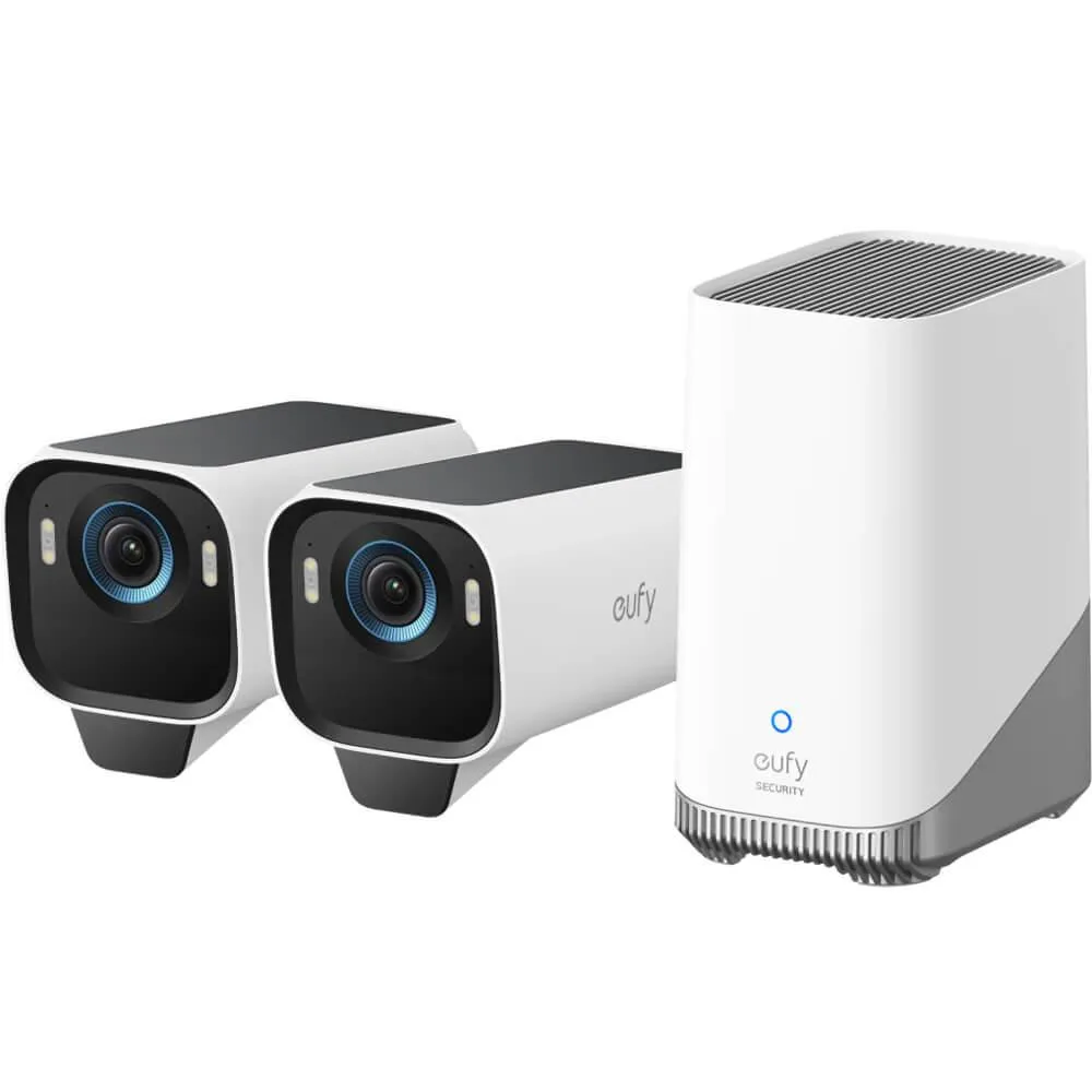 Two white rectangular outdoor cameras with solar panels on top
