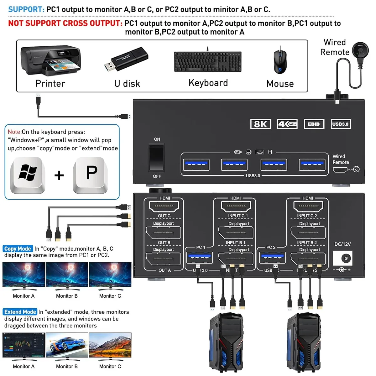 AUTYUE AUTYUE 2 DP1.4 + HDMI2.1 Triple Monitor KVM Switch 2 PC 3 Monitors 4 USB 3.0 — product photo
